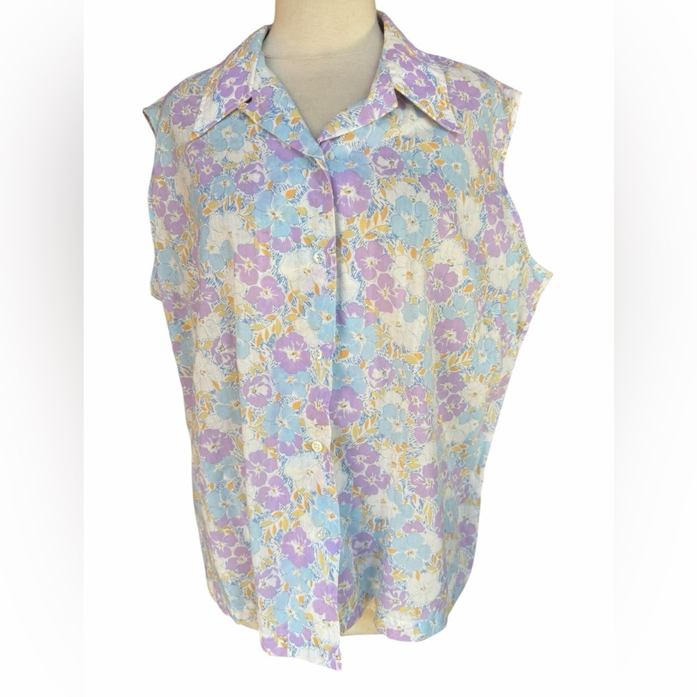 NWOT 1970s Miss K Floral Sleeveless Button Down Shirt